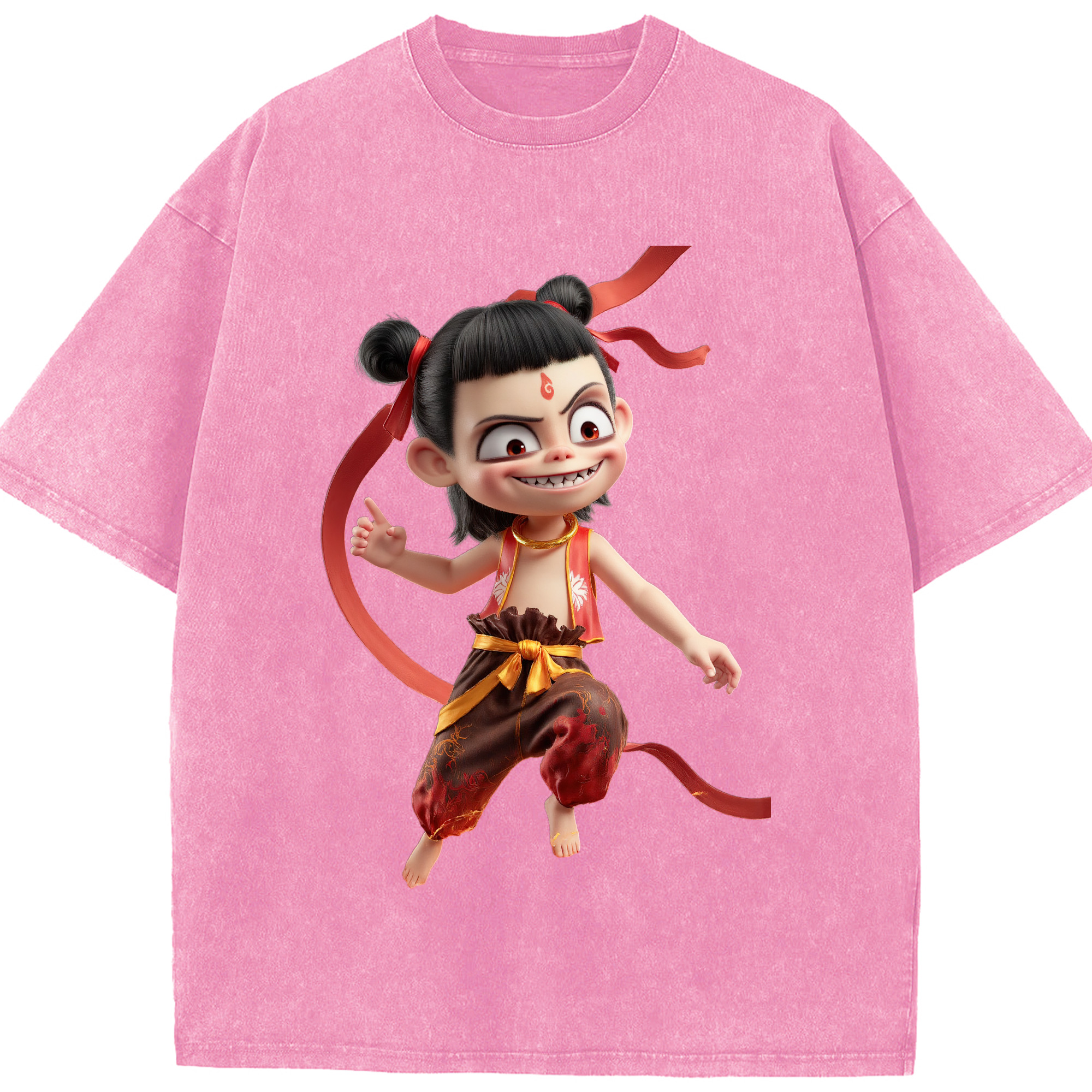 （画像用） Ne Zha 2 ナタ 魔童の大暴れ 綿100% ヴィンテージ風 半袖Tシャツ（フロントプリント）